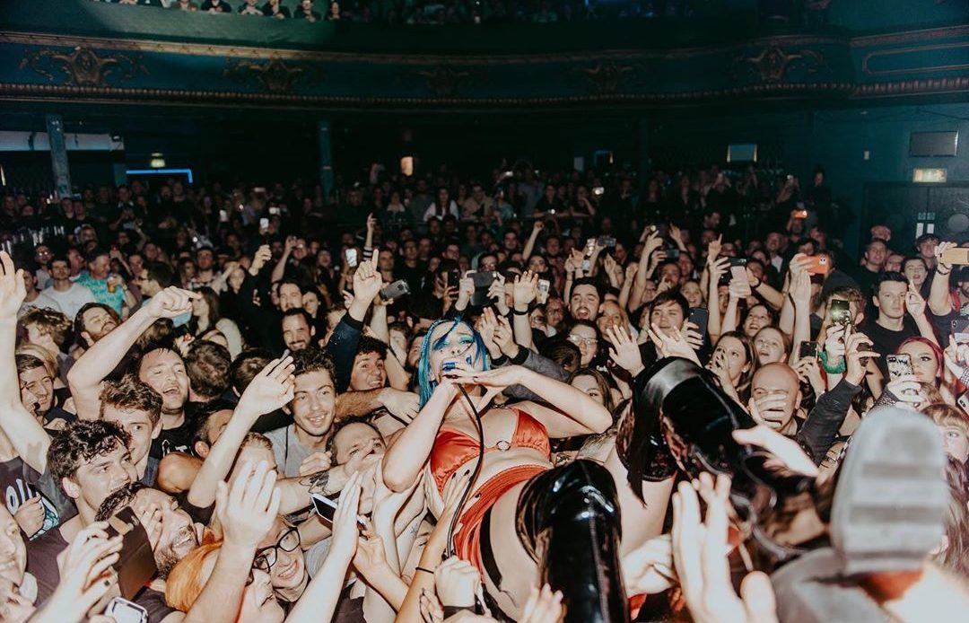 Theresa Jarvis of Yonaka crowdsurfing at the Electric Brixton in Lindon