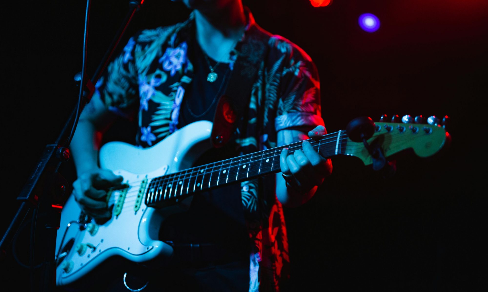 A vibrant live music concert featuring a guitarist playing an electric guitar under colorful stage lights.